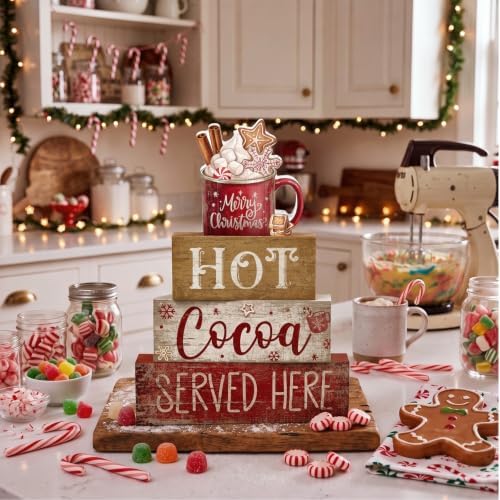 Moucuny 4 Pcs Christmas Table Decor for Home Kitchen, Wooden Coffee Cocoa - Image 6