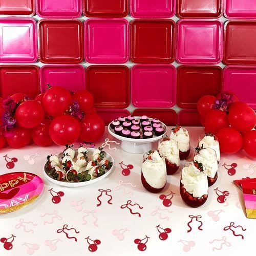 200Pcs Double-sided Pink Bows & Red Cherry Confetti Cherry Fruit Table Confetti Bow Table Decorations for Baby Shower Girls Birthday Engagement Bachelorette Party Decoration Party Confetti Supplies - Image 3