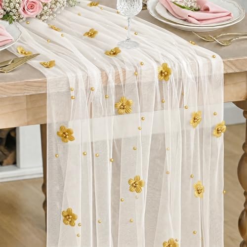 Artoid Mode Yellow Flower Pearl White Gauze Table Runner 10FT, Seasonal Sheer Dining Holiday Wedding Birthday Baby Shower Table Decor for Home Party by ArtoidMode
