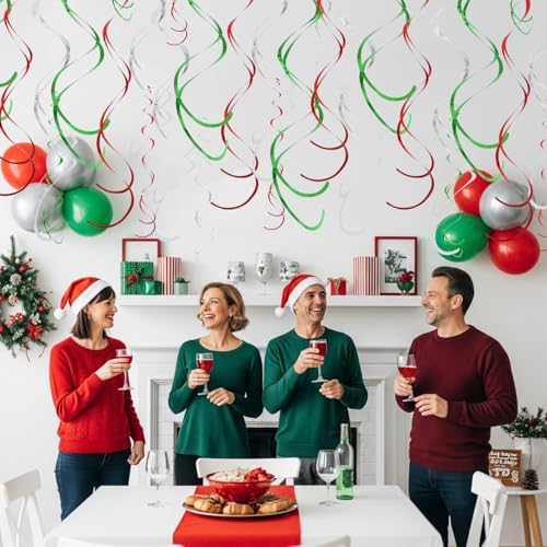 BEISHIDA Red Green Silver Hanging Swirls Party Decorations Plastic Streamer for Christmas Hanging Ornament Decorations, Christmas Wedding Graduation Party Supplies, Pack of 24 - Image 5