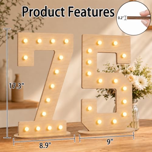 Pooqla 75th Birthday Decorations, 17.3 in Tall Wooden Light Up Numbers - Image 4