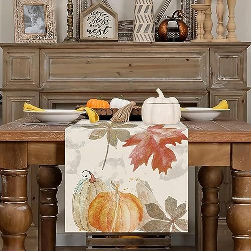 GAGEC Fall Table Runner Pumpkin Maple Leaf Watercolor Vintage Table Runners Seasonal Autumn Thanksgiving Harvest Home Kitchen Dining Party Decorations 13x36 Inch - Image 2