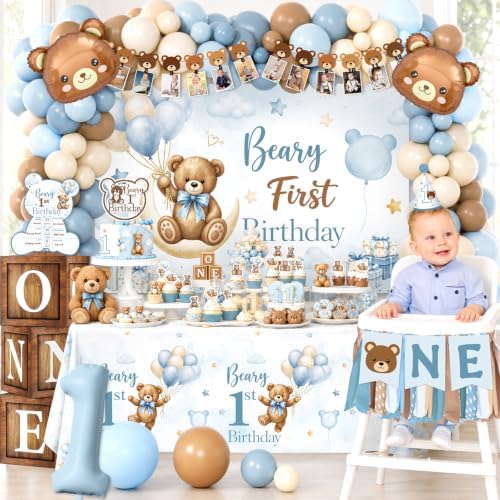 Beary First Birthday Decorations,Teddy Bear Birthday Decorations Set for First Birthday Theme Boy With Backdrop, Balloons, One High Chair Banner,Plates,Napkins,Cake Toppers,272pcs - Image 3