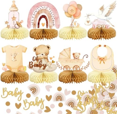 8Pcs Bear Baby Shower Decorations Honeycomb Centerpieces for Girl, Confetti Baby Shower Table Decorations Birthday Party Table Centerpieces Toppers Party Decor (Pink) by MOORAY