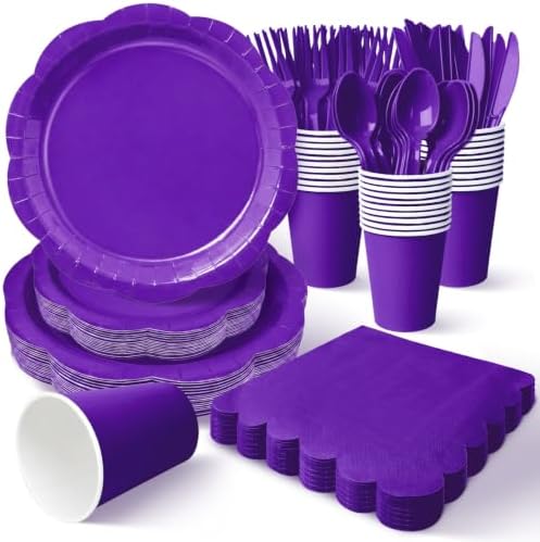 Deep Purple Party Dinnerware Set, 175 Pcs Disposable Decagonal Paper Plates, Cups, Napkins and Plastic Cutlery, Serves 25 for Halloween, Birthday and Wedding Parties by Unknown