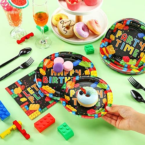 100 Pcs Building Block Party Supplies Building Block Party Plates Napkins Tableware Building Block Party Decoration Favor for Building Block Party Birthday Party (Building Block Party Style) - Image 5
