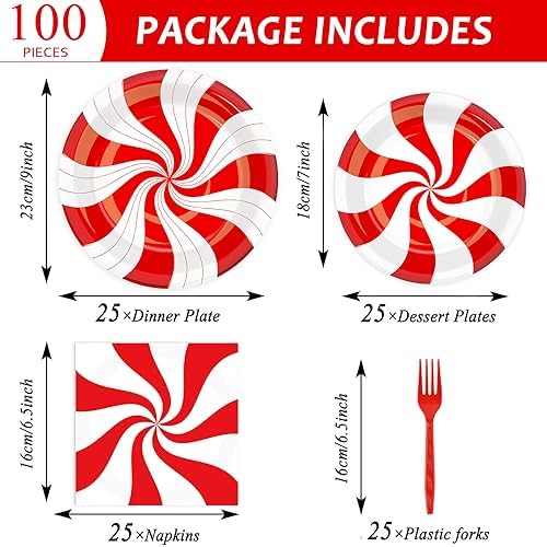 100Pcs Christmas Peppermint Paper Plates and Napkins Party Supplies Candy Cane Party Tableware Set Red and White Striped Christmas Winter Party Decor Favors for Holiday Xmas Theme Party Serves 25 - Image 2