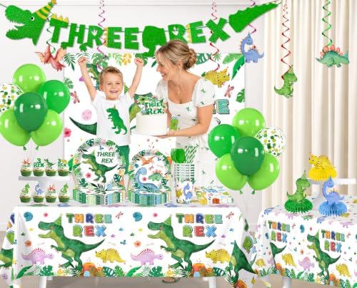 188Pcs Yingoto Three Rex Birthday Decorations Boy Tableware Set, Serves 25 - Image 3