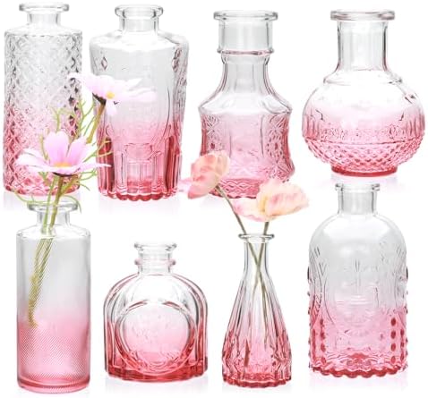 Pink Small Flower Vase Set, Glass Bud Vase in Bulk Set of 8 by Brajttt