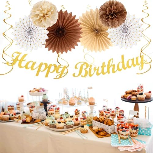 White-Brown Champagne-Gold Boho Birthday Party-Decorations - 21pcs Happy Banner,Beige Neutral Rustic Paper Lanterns Honeycomb, Hanging Streamers,Tissue Pom Poms Flower Fan,Fall Decor Supplies Huglony - Image 5