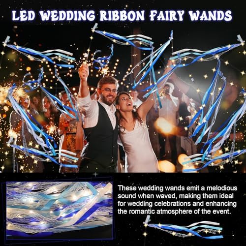 100 Pcs Wedding Wands Ribbon with 3 Colorful Flashing Modes, Light up LED Silk Fairy Wands, Glow Lace Stick with Bells for Wedding Reception, Graduation, New Year, Birthday Party (Blue) - Image 3