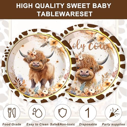 120PCS Boho Highland Cow Party Supplies for Boys girls Holy Cow Highland Themed Baby Shower Birthday Party Decorations Tableware Set Plates Napkins Cups Set for 20 Guests - Image 3