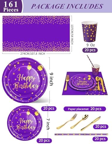 Nkaiso 161 Pcs Purple Gold Birthday Plates and Napkins Set -20 Serves - Image 3