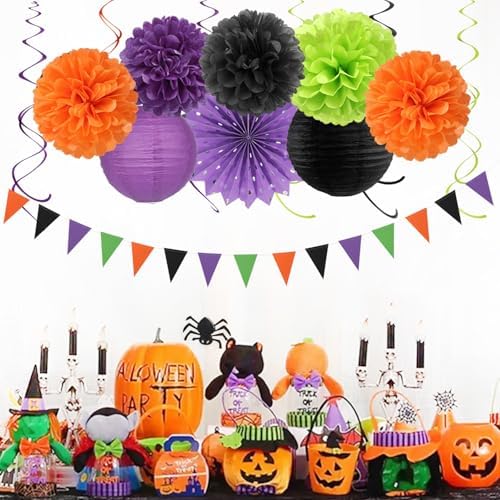 Black Purple Orange-Green Halloween Party-Decorations - 20pcs Paper Lanterns Fans,Tissue Pom Poms,Honeycomb Balls,Hotel Transylvania Hocus Pocus Birthday Baby Bridal Shower Wedding Decor Burgleda - Image 4