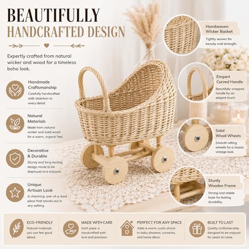 Wicker Baby Carriage for Baby Shower, Boho Centerpiece Decor, Handmade Rattan Flower Cart for Floral Arrangements & Photography Prop (13 Inch) - Image 2