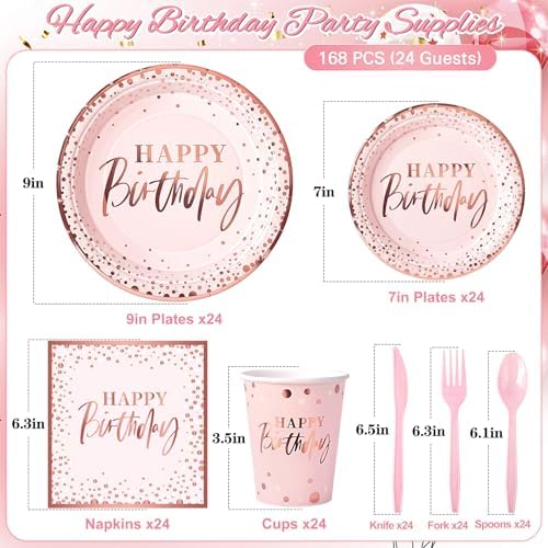 Pink Rose Gold Happy Birthday Party Plates, 168PCS Birthday Party Supplies - Image 2