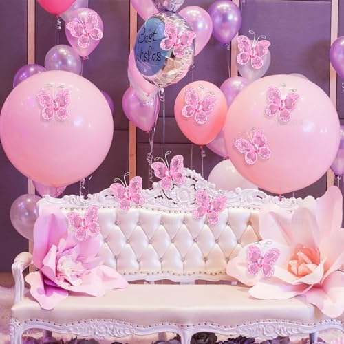 AUEAR, 50 Pack Sheer Mesh Wire Glitter Butterfly with Gem for Home and Wedding Decoration Party Wall Decorations (Pink) - Image 6