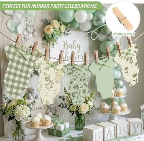 Frienda Woodland Baby Shower Banner, Sage Green Paper Onesie Garland - Image 3