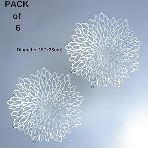 Snowkingdom 6 Pack Silver Placemats Metallic Glitter Pressed Vinyl Dinning Table Mats Decorative Round Leaf Charger for Winter Holiday Thanksgiving Christmas - Image 2