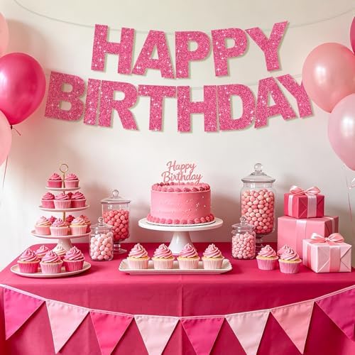 BEISHIDA Pre-Strung Glitter Hot Pink Happy Birthday Banner Party Sign Decor - Image 4