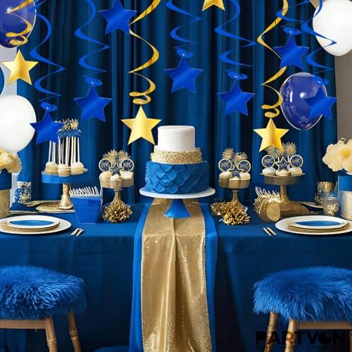 Blue Gold Hanging Swirl Decorations - 32 Pcs Metallic Ceiling Swirls with Foil Stars, Streamers for Graduation 2026, Wedding, Birthday, Nautical Theme, Father's Day, Retirement Party Supplies - Image 5