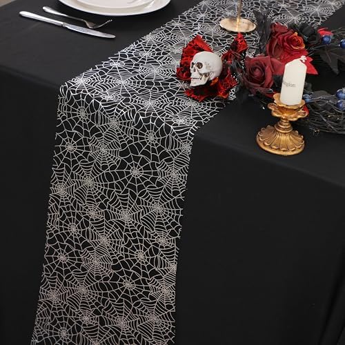 Snowkingdom Halloween Table Runner, Silver Spider Web Metallic Sequin Glitter Sheer Runners Roll 120", Black Table Decorations for Halloween, Wedding, Birthday, Themed Party, Christmas by Snowkingdom