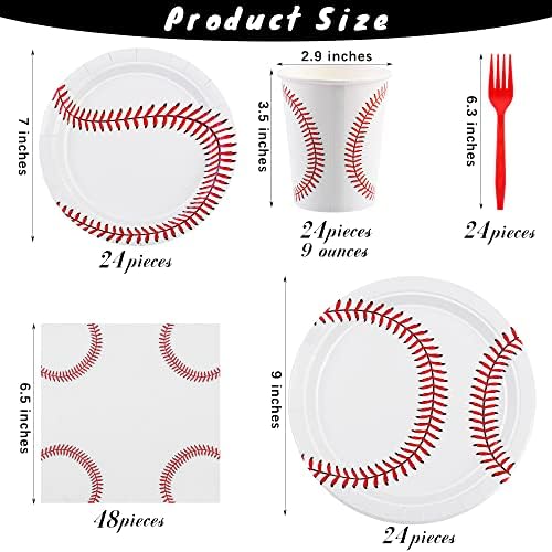 durony 144 Pieces Baseball Paper Plates and Napkins Dinnerware Set Baseball Birthday Party Tableware Supplies Includes Paper Plates Napkins Forks Serve 24 for Sports Baseballs Party Supplies - Image 2