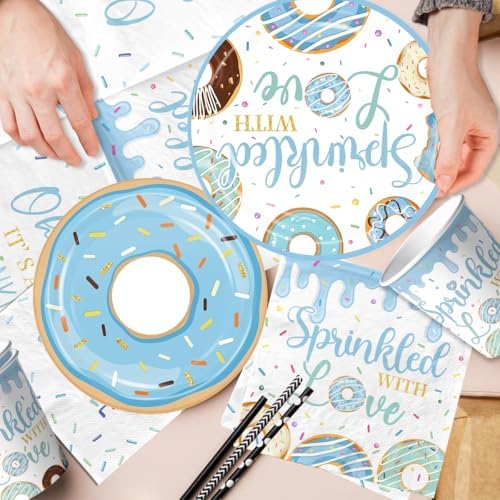 Baby Sprinkle Decorations for Boy,Blue Sprinkled with Love Party Plate,Napkin,Cup,Cake Topper Donut Baby Shower Decorations for Baby Boy Sprinkle Party Supplies Serves 24 - Image 6