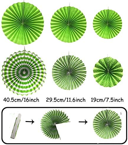 ZERODECO Party Decoration, 21 Pcs Green Hanging Paper Fans, Pom Poms Flowers, Garlands String Polka Dot and Triangle Bunting Flags for Golf Party Dinosaur Birthday Parties Arbor Day - Image 2