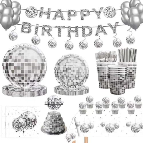 155PCS Disco Party Decorations Black Silver Disco Paper Plates Napkins Banner Tablecloth And Balloons Dessert Tableware Set Hip Hop Birthday Party SuppliesTableware 20 Guests by Unknown