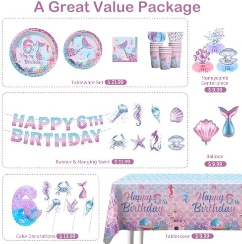 Xynic Mermaid Birthday Decorations for 6th Birthday, Serves 25 - Image 3
