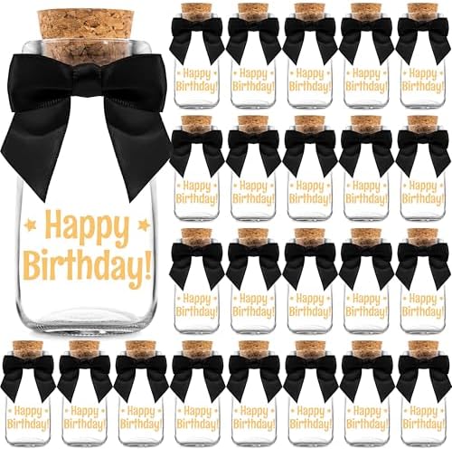 Ethisa Vintage 24 Pack Adult Birthday Party Favors Glass Bottles with Ribbons and Stickers - Classy Happy Birthday Favors and Table Centerpieces Decorations - Sturdy Candy Jar for Guests by Ethisa