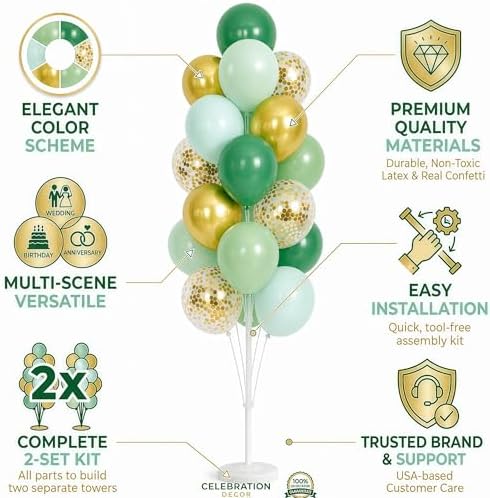 Hiins 2 Set Sage Green Gold Party Balloon Column Kit For floor Decor - Image 2