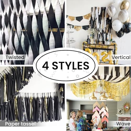 PartyWoo Black Crepe Paper 10pcs 820 FT Gold Silver Streamers - Image 6