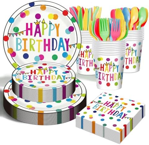 Birthday Plates & Napkins Party supplies - 175Pcs Happy Birthday Paper Plates and Napkins Sets, Disposable Happy Birthday Dots Tableware Set for Boys and Girls Party Decorations, Serves 25 by OUNIY