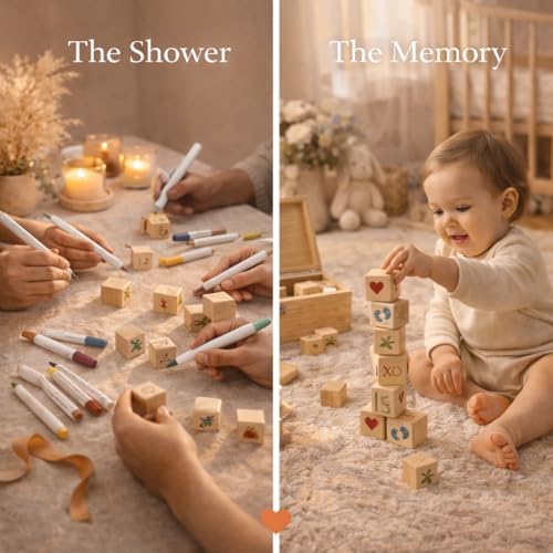 Nolia Baby Shower Blocks Decorating Game – 48 Wooden Cubes to Decorate, Storage Box, 12 Acrylic Markers & Instruction Sign (Natural) - Image 4