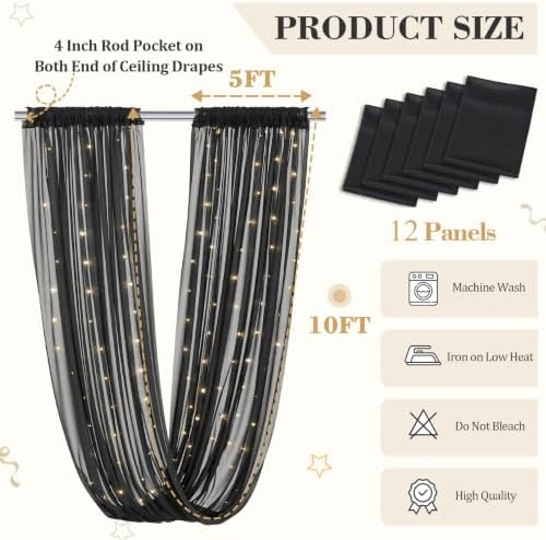 12 Panels Black Ceiling Curtains with Lights for Weddings - 5ftx10ft Wrinkle-Free Tulle Fabric Wedding Arch Draping Ceiling Drapes Decorations for Wedding Party Ceremony Stage Tent Event - Image 4
