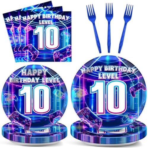 96Pcs 10th Birthday Video Game Plates and Napkins Gamer 10 Years Old Party Decorations Purple and Blue Level 10 Dessert Plates 10th Birthday Tableware for 24 Guests Boys Kids Gaming Party Supplies by CHUNNIN