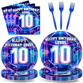 96Pcs 10th Birthday Video Game Plates and Napkins Gamer 10 Years Old Party Decorations Purple and Blue Level 10 Dessert Plates 10th Birthday Tableware for 24 Guests Boys Kids Gaming Party Supplies by CHUNNIN