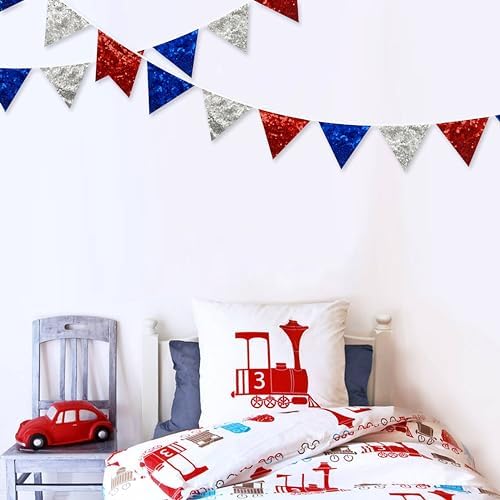 pinkblume Red Blue Silver Decorations Double Sided Sequin Fabric Triangle Pennant Banner Flag Bunting Garland for Nursery Classroom Home Bedroom Wall 4th of July American Veterans USA Holiday Decor - Image 4