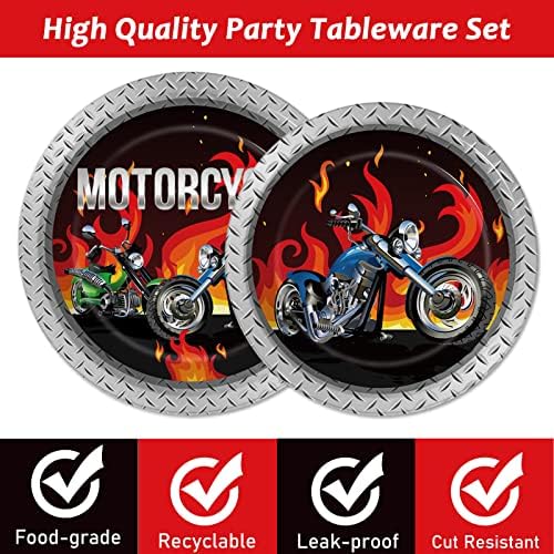 Wiooffen 96pcs Motorcycle Party Decorations Motorcycle Paper Plates Napkins Birthday Disposable Cake Dessert Tableware Set Motocross Biker Theme Party Supplies Baby Shower Decorations Favors Serve 24 - Image 4