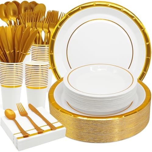 AIRE Gold White Paper Plates Set, 175PCS Disposable Tableware for 25 by AIRE