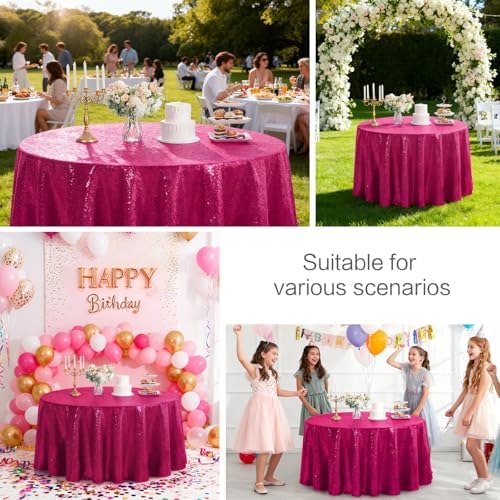 Pufogu 50" Round Fuchsia Sequin Tablecloth Glitter Fuchsia Table Cloths for Birthday Wedding Bridal Baby Shower Party Decorations - Image 4