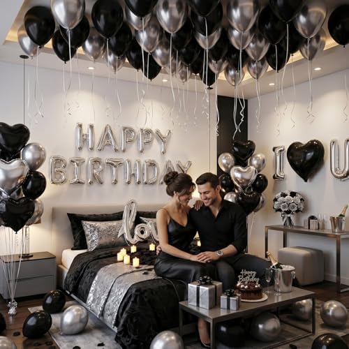 Black Silver Birthday Decorations for Men, Hotel Birthday Decorations for Him with LOVE Balloon, Happy Birthday Balloons, Black Rose Petals, Birthday Room Decor Anniversary Decor - Image 4