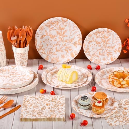 Fall Gold Floral Birds Fruits Disposable Paper Plates and Napkins Set - Image 7
