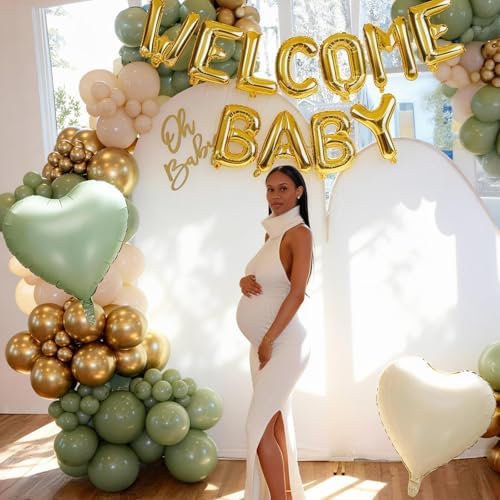 Sage Green Gold Baby Shower Decorations, WELCOME BABY Letter Foil Balloons Banner Backdrop Set with Olive Green Beige Apricot Latex & Heart Balloon for Newborn Infant Babyboy Babygirl Party Decor - Image 3