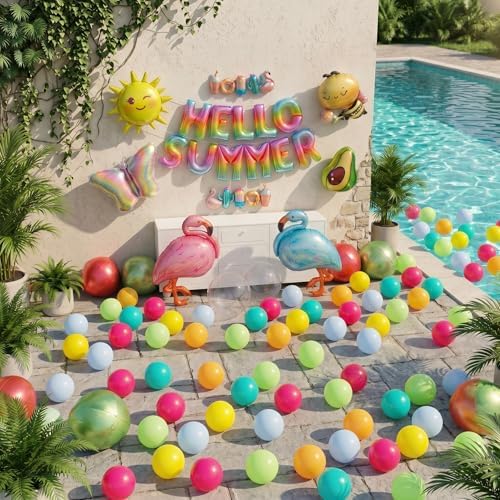 91 PCS "Hello Summer" Foil Balloon Decoration Kit, Tropical Summer Party with Flamingo Bee Butterfly Avocado Mylar Balloons All-in-One Set, Rainbow Letter for Pool Party, Beach Party, Summer Decor by Vrukiaa