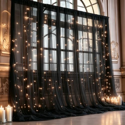 10ft x 10ft Black Backdrop Curtain with Lights String for Parties, Sheer Tulle Wedding Photo Backdrops Drapes for Baby Shower Birthday Party Decorations Background for Photography by Shillance