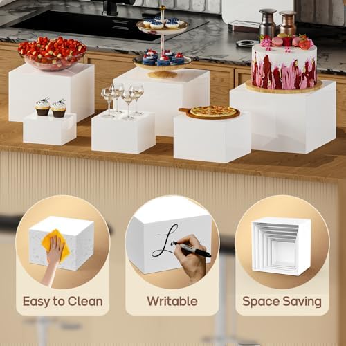 6 PCS Buffet Risers, Large Food Risers for Buffet Table, Display Stand Shelf for Party, Catering, Jewelry & Collectibles, White Acrylic Nesting Boxes for Food Display (10" 9" 8" 7" 6" 5") - Image 3