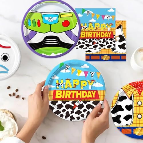 90Pcs Cartoon Birthday Party Supplies Cartoon Plates Napkins Tableware for Toy Theme Birthday Decor for 30 Guests - Image 6